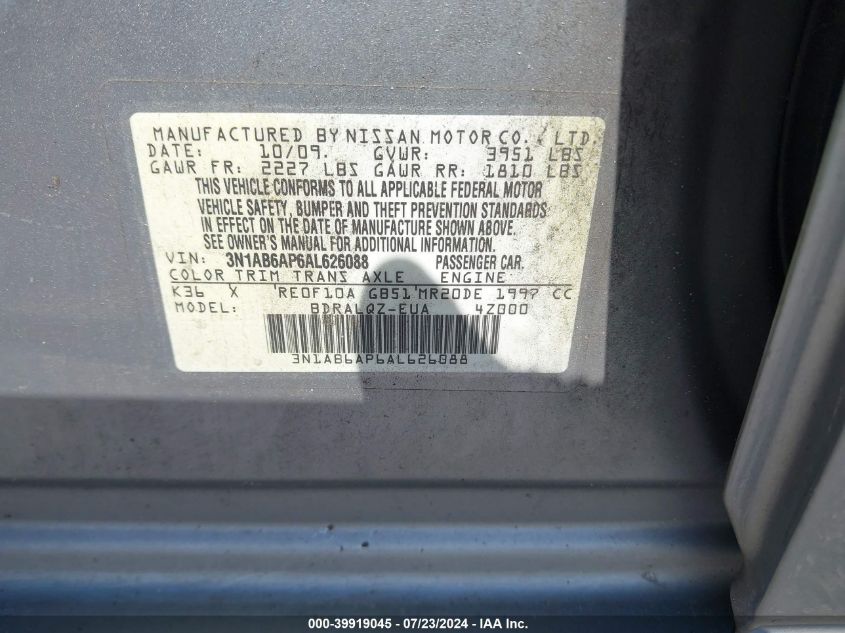 2010 Nissan Sentra 2.0 VIN: 3N1AB6AP6AL626088 Lot: 39919045