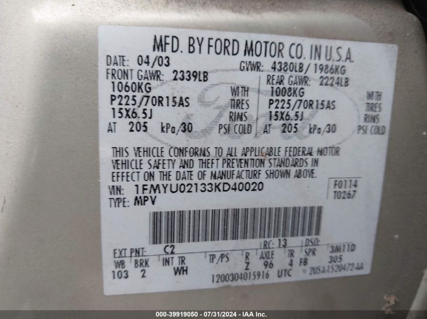 2003 Ford Escape Xls VIN: 1FMYU02133KD40020 Lot: 39919050