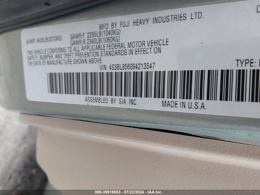 2009 Subaru Legacy 3.0R Limited VIN: 4S3BL856094213547 Lot: 39919053