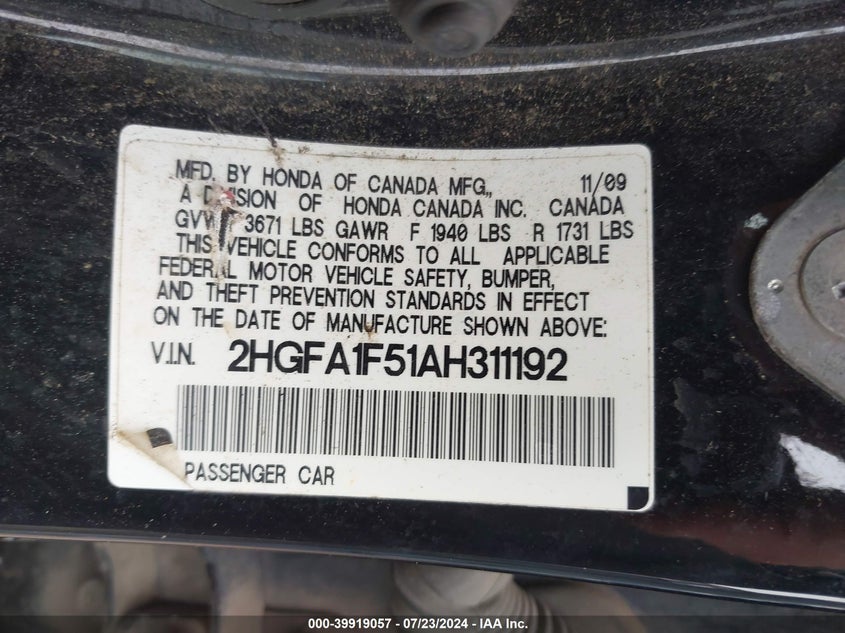 2010 Honda Civic Lx VIN: 2HGFA1F51AH311192 Lot: 39919057