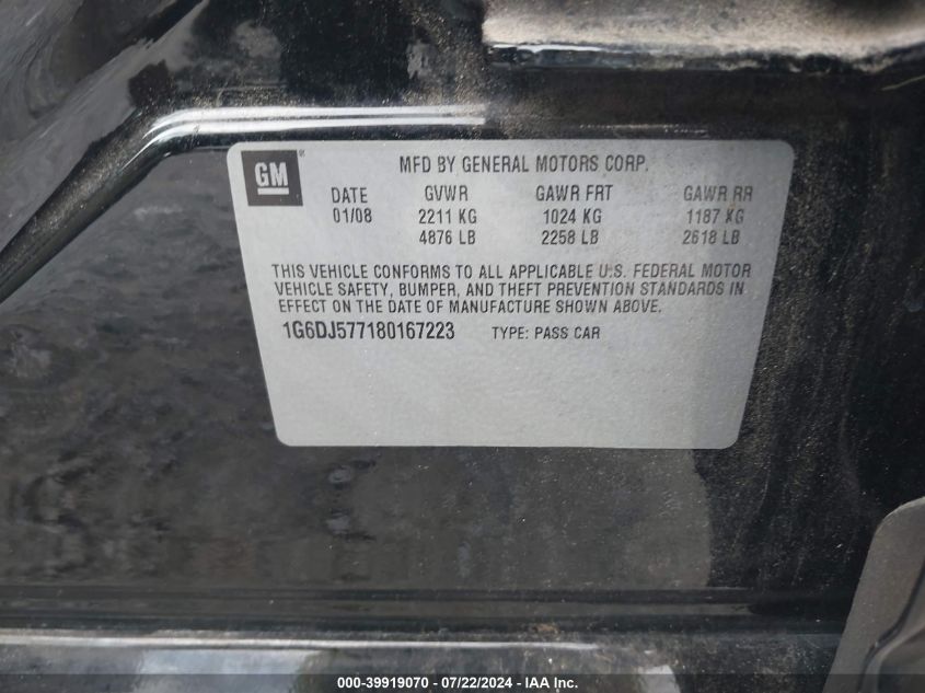 2008 Cadillac Cts Standard VIN: 1G6DJ577180167223 Lot: 39919070