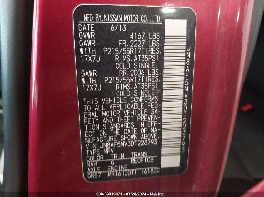 2013 Nissan Juke S/Sv/Sl VIN: JN8AF5MV3DT223793 Lot: 39919071