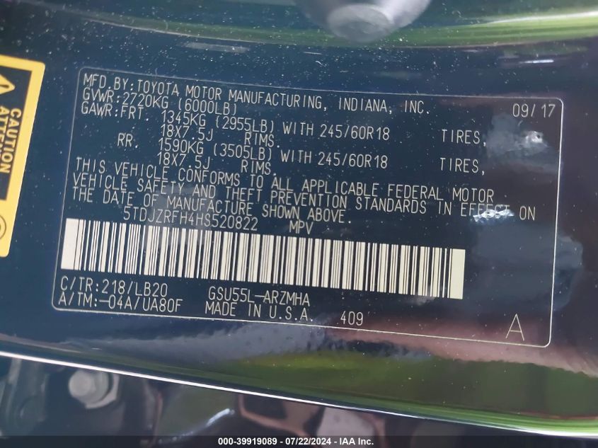 2017 Toyota Highlander Xle VIN: 5TDJZRFH4HS520822 Lot: 39919089