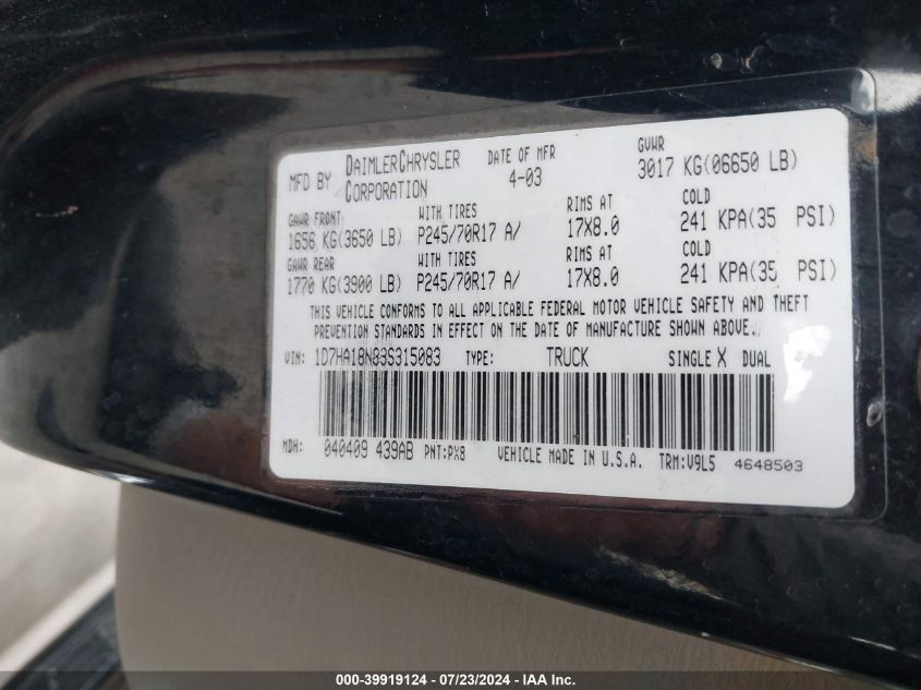 2003 Dodge Ram 1500 Slt/Laramie/St VIN: 1D7HA18N83S315083 Lot: 39919124