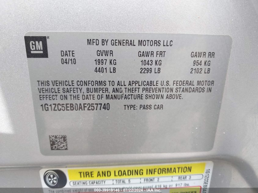 2010 Chevrolet Malibu Lt VIN: 1G1ZC5EB0AF257740 Lot: 39919146