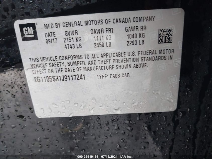2018 Chevrolet Impala 1Lt VIN: 2G1105S31J9117241 Lot: 39919156