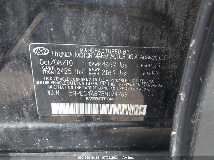 5NPEC4AB7BH174769 2011 Hyundai Sonata Se 2.0T
