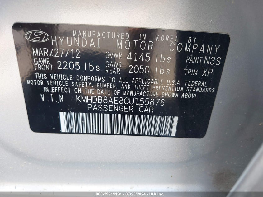 2012 Hyundai Elantra Touring Gls VIN: KMHDB8AE8CU155876 Lot: 39919191