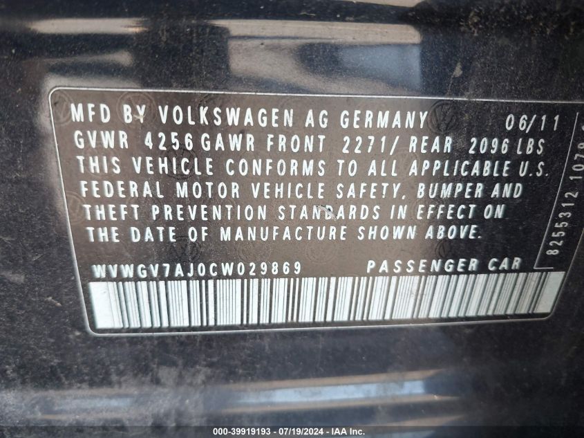 2012 Volkswagen Gti 4-Door VIN: WVWGV7AJ0CW029869 Lot: 39919193