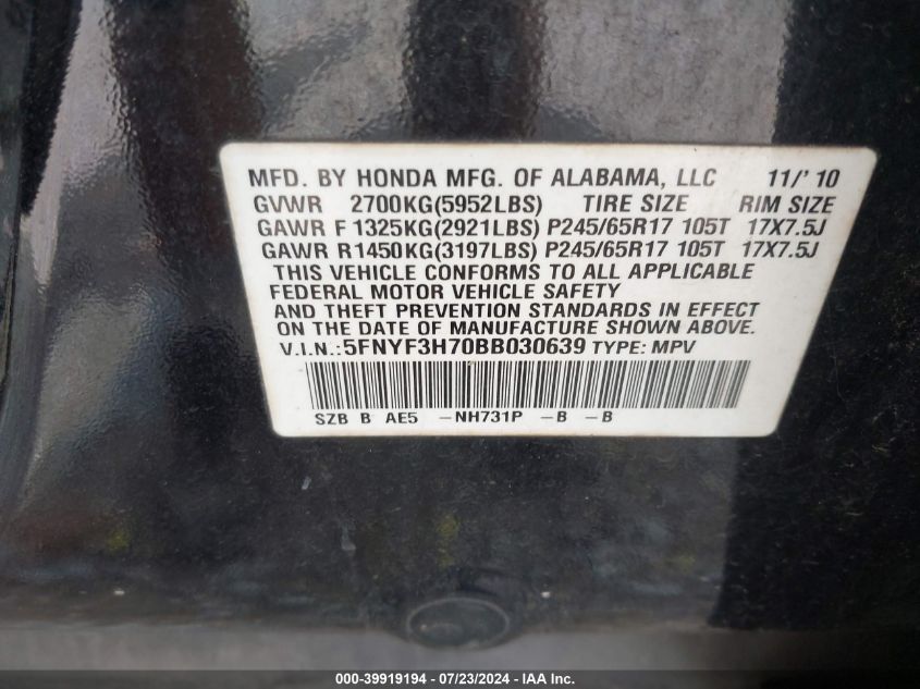 2011 Honda Pilot Exln VIN: 5FNYF3H70BB030639 Lot: 39919194