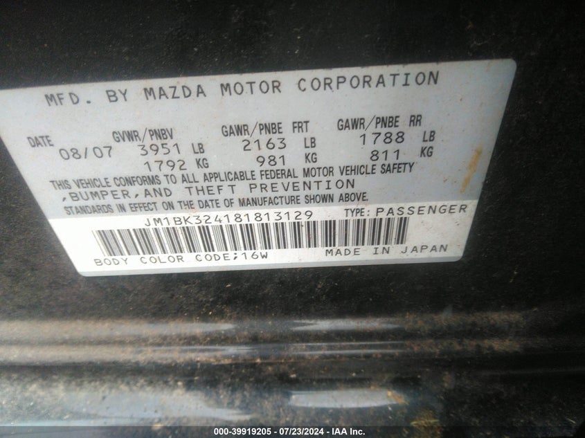 2008 Mazda 3 S VIN: JM1BK324181813129 Lot: 39919205