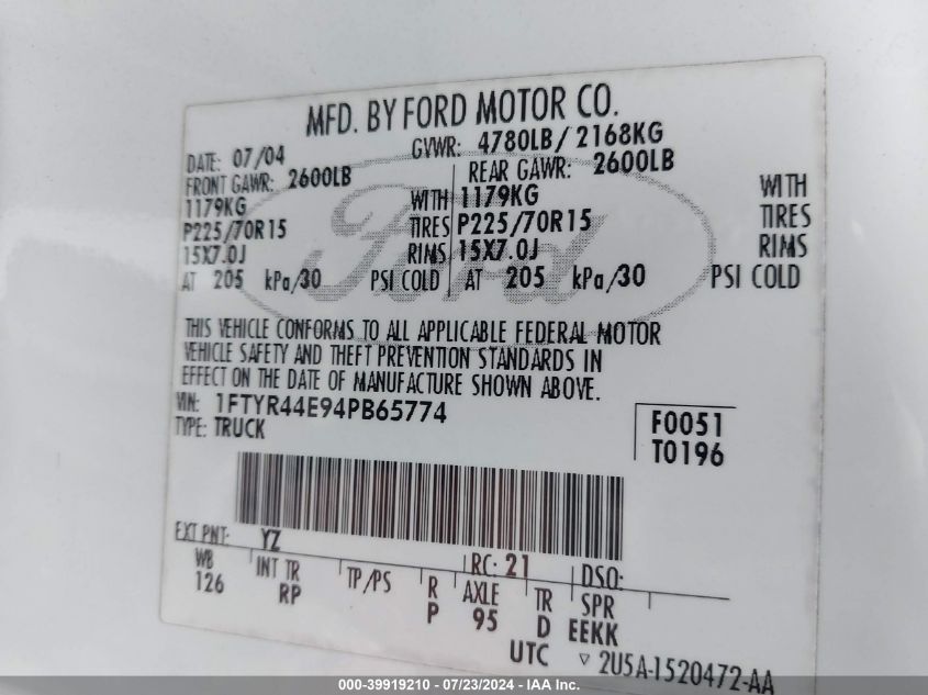 2004 Ford Ranger Super Cab VIN: 1FTYR44E94PB65774 Lot: 39919210