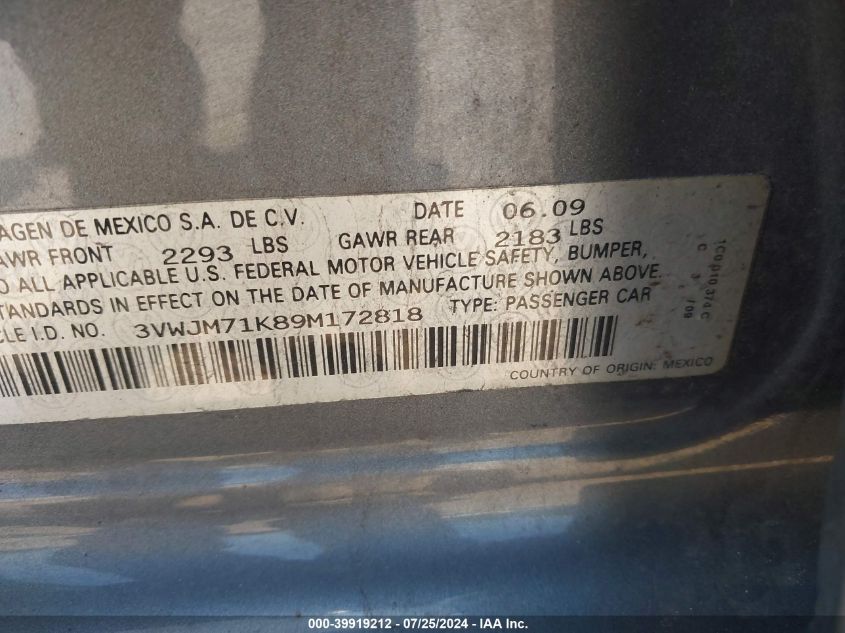 2009 Volkswagen Jetta S VIN: 3VWJM71K89M172818 Lot: 39919212