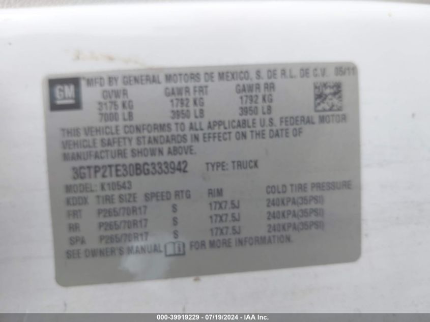 2011 GMC Sierra 1500 Work Truck VIN: 3GTP2TE30BG333942 Lot: 39919229