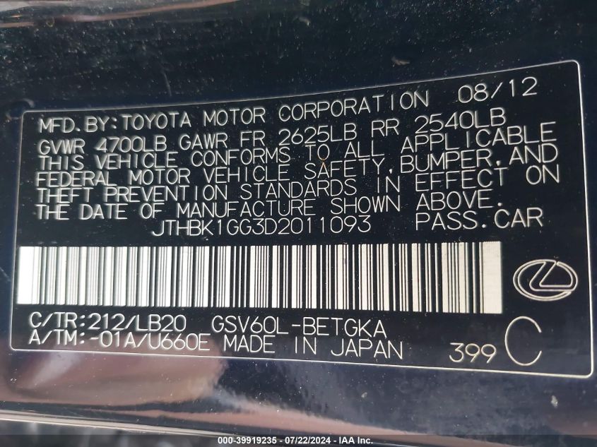 2013 Lexus Es 350 VIN: JTHBK1GG3D2011093 Lot: 39919235