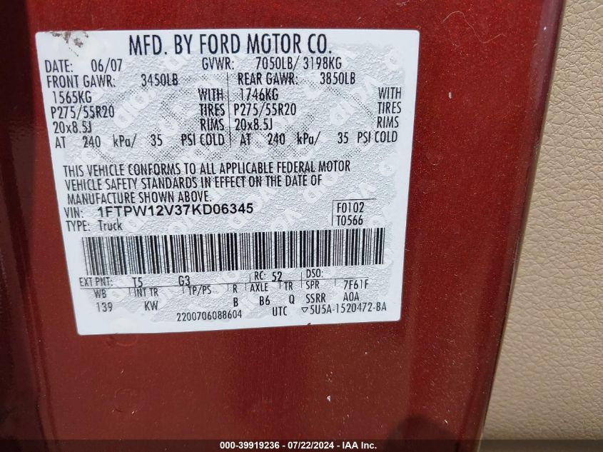 2007 Ford F-150 Lariat/Xlt VIN: 1FTPW12V37KD06345 Lot: 39919236