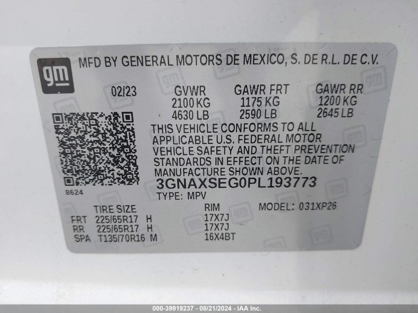 2023 Chevrolet Equinox Awd Ls VIN: 3GNAXSEG0PL193773 Lot: 39919237