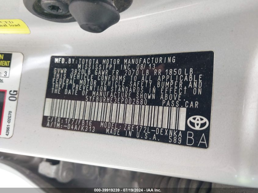 2014 Toyota Corolla Le VIN: 5YFBURHE3EP002680 Lot: 39919239