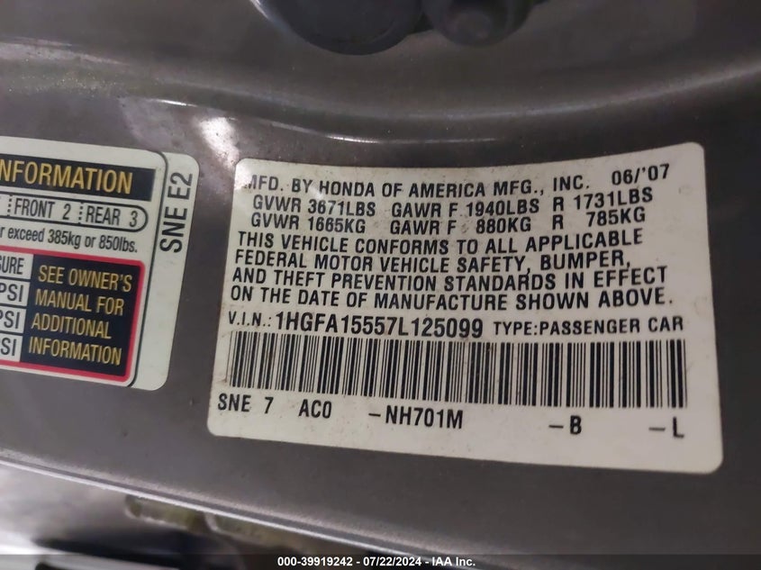2007 Honda Civic Lx VIN: 1HGFA15557L125099 Lot: 39919242