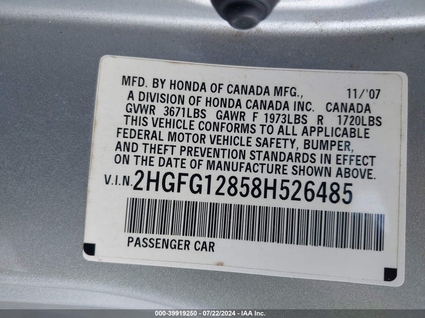 2008 Honda Civic Ex VIN: 2HGFG12858H526485 Lot: 39919250