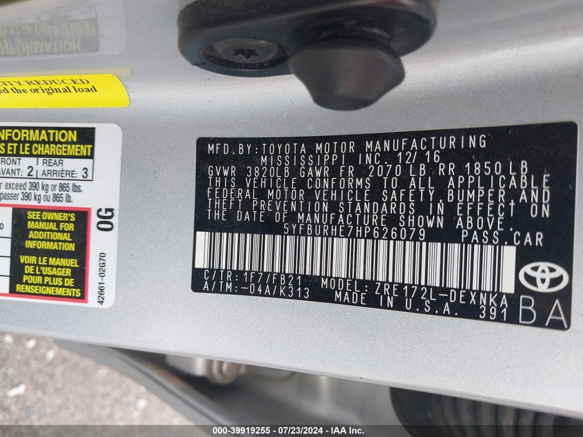 2017 TOYOTA COROLLA L/LE/XLE/SE/XSE - 5YFBURHE7HP626079