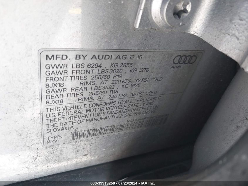 2017 Audi Q7 Premium Plus VIN: WA1LHAF73HD039860 Lot: 39919258