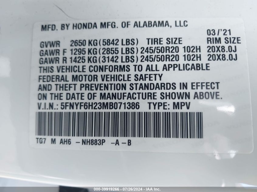 2021 Honda Pilot Awd Special Edition VIN: 5FNYF6H23MB071386 Lot: 39919266