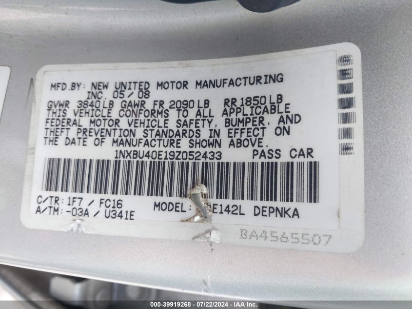 2009 Toyota Corolla Xle VIN: 1NXBU40E19Z052433 Lot: 39919268