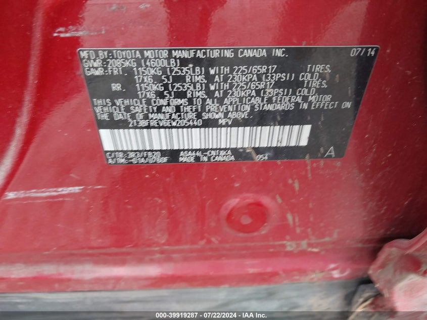 2014 TOYOTA RAV4 VIN: 2T3BFREV6EW205440