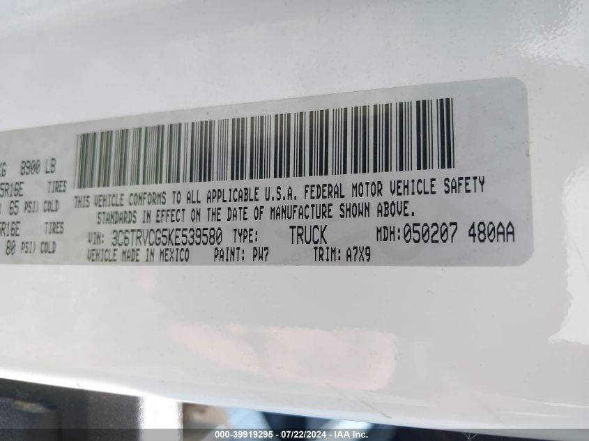 2019 Ram Promaster 2500 VIN: 3C6TRVCG5KE539580 Lot: 39919295