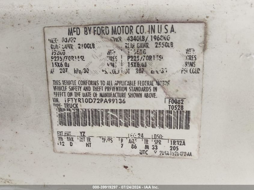 2002 Ford Ranger Xl/Xlt VIN: 1FTYR10D72PA99136 Lot: 39919297