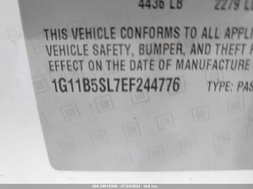 2014 Chevrolet Malibu 1Ls VIN: 1G11B5SL7EF244776 Lot: 39919306