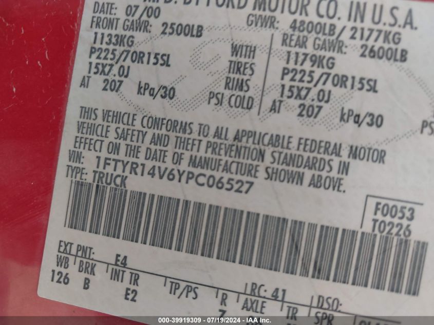 2000 Ford Ranger Xl/Xlt VIN: 1FTYR14V6YPC06527 Lot: 39919309