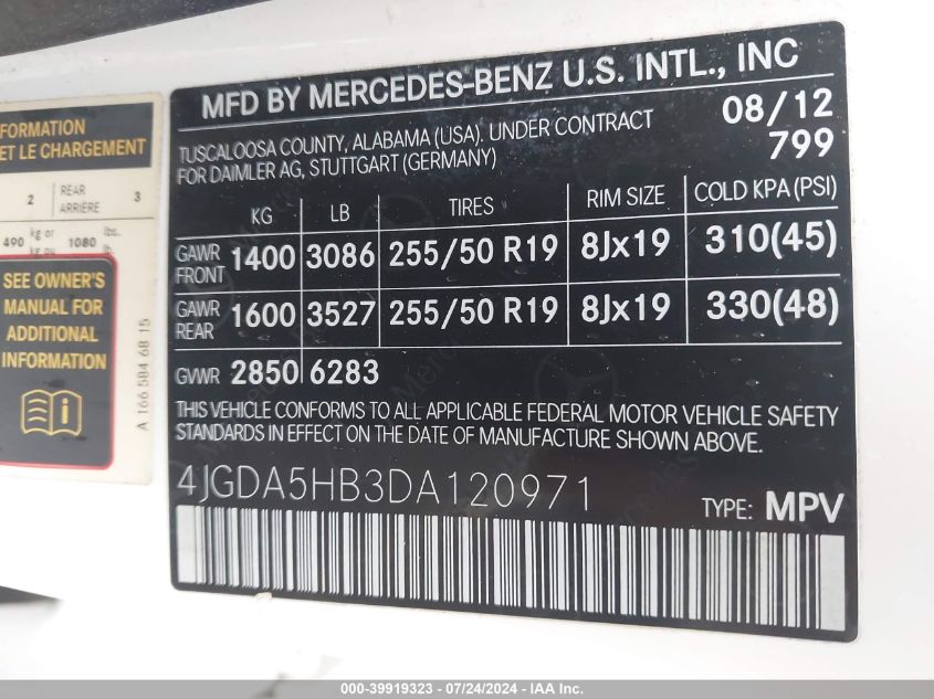 2013 Mercedes-Benz Ml 350 4Matic VIN: 4JGDA5HB3DA120971 Lot: 39919323