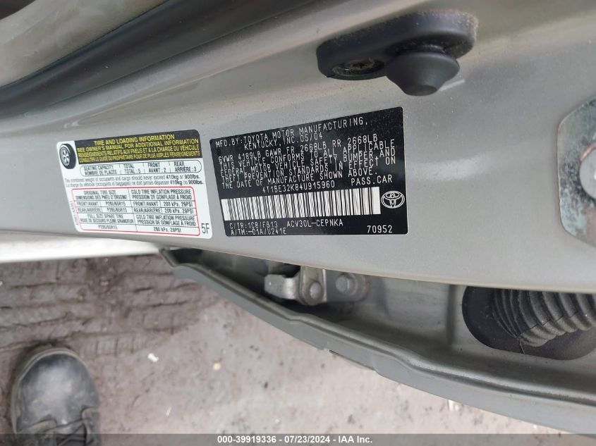 2004 Toyota Camry Le VIN: 4T1BE32K84U915960 Lot: 39919336