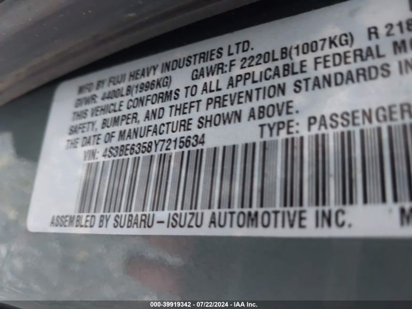 2000 Subaru Legacy L VIN: 4S3BE6358Y7215634 Lot: 39919342