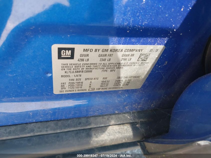 2015 Chevrolet Trax Lt VIN: KL7CJLSB9FB128998 Lot: 39919347