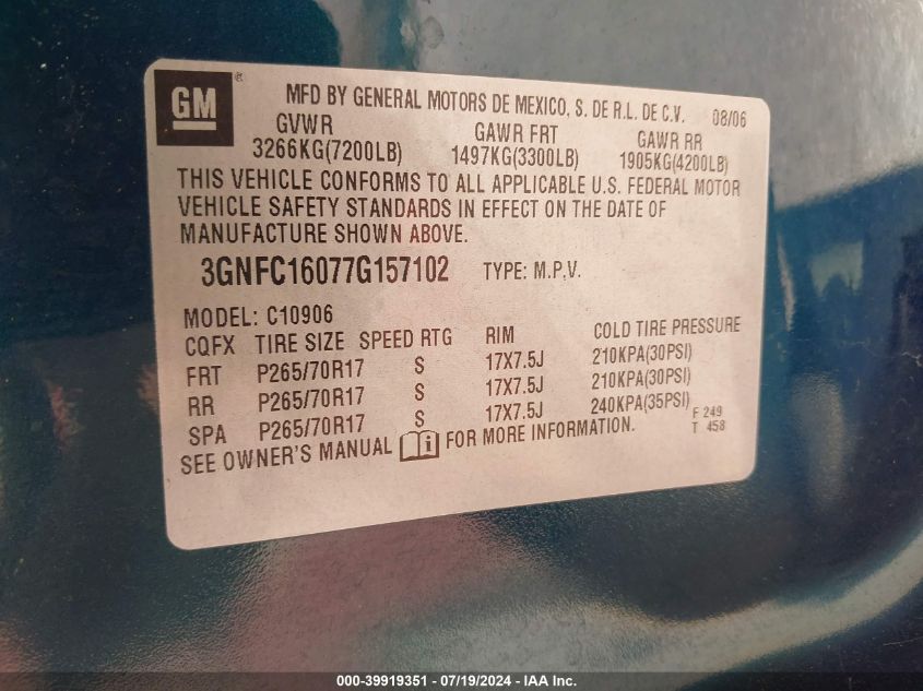 2007 Chevrolet Suburban 1500 Lt VIN: 3GNFC16077G157102 Lot: 39919351