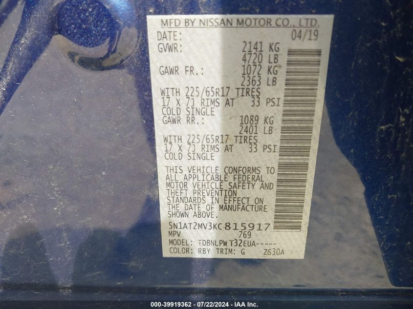 2019 Nissan Rogue S VIN: 5N1AT2MV3KC815917 Lot: 39919362