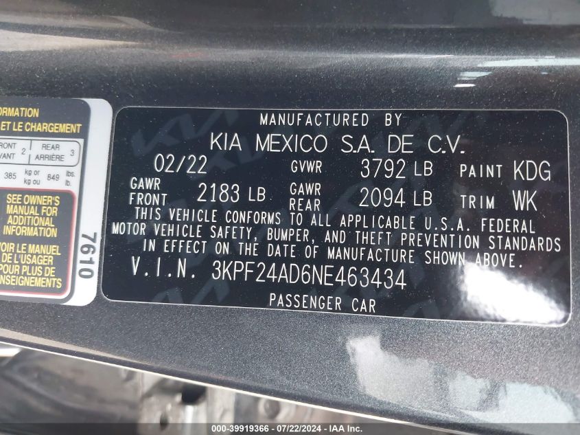 2022 Kia Forte Lxs VIN: 3KPF24AD6NE463434 Lot: 39919366