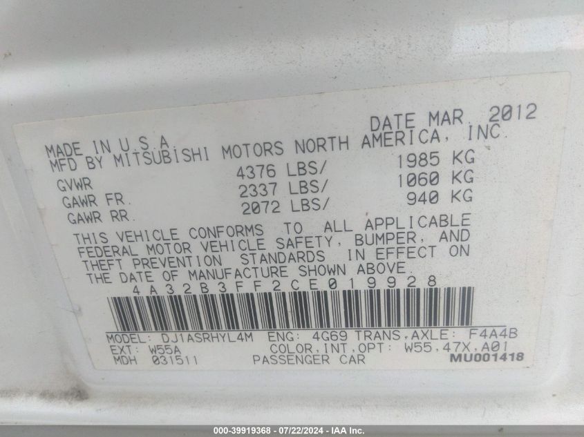 2012 Mitsubishi Galant Es/Se VIN: 4A32B3FF2CE019928 Lot: 39919368