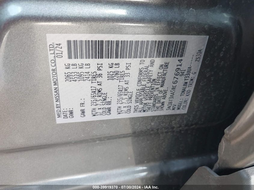 2024 Nissan Rogue S Fwd VIN: 5N1BT3AA5RC676914 Lot: 39919370