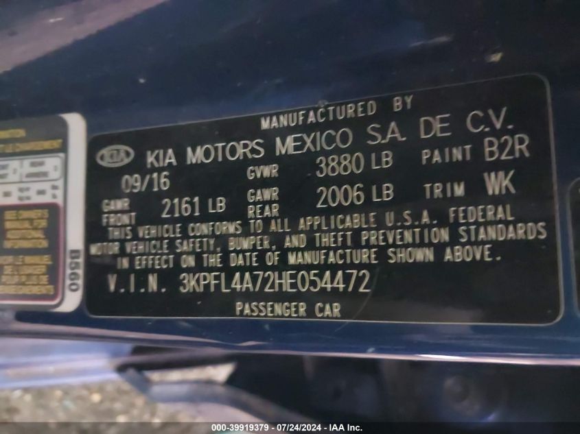 2017 Kia Forte Lx VIN: 3KPFL4A72HE054472 Lot: 39919379