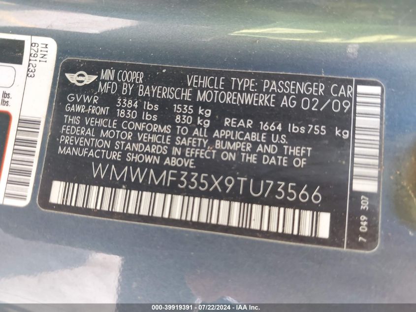 2009 Mini Cooper VIN: WMWMF335X9TU73566 Lot: 39919391