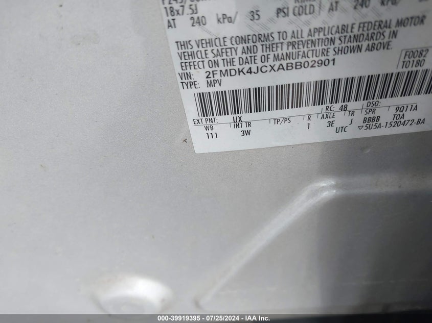 2010 Ford Edge Sel VIN: 2FMDK4JCXABB02901 Lot: 39919395