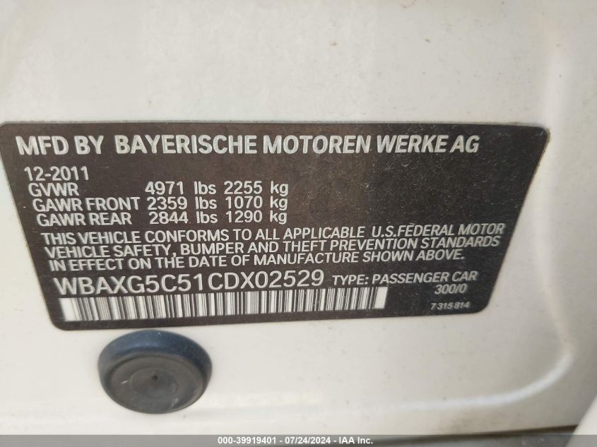 2012 BMW 528I VIN: WBAXG5C51CDX02529 Lot: 39919401