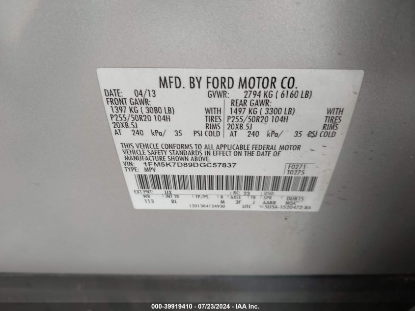 2013 Ford Explorer Xlt VIN: 1FM5K7D89DGC57837 Lot: 39919410