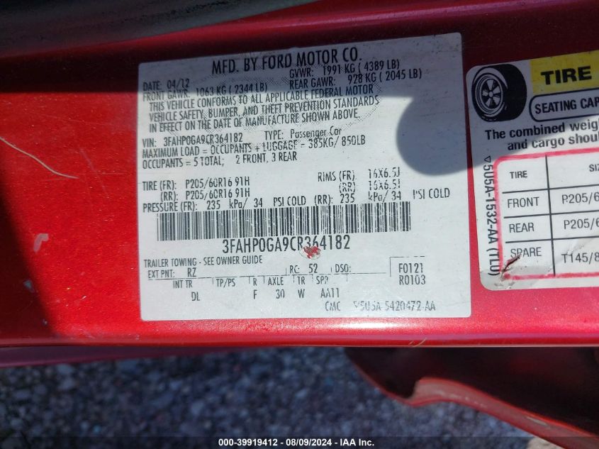 2012 Ford Fusion S VIN: 3FAHP0GA9CR364182 Lot: 39919412