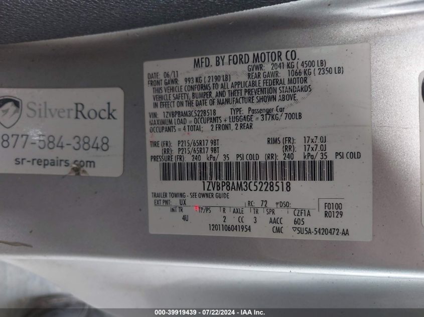 2012 Ford Mustang V6 Premium VIN: 1ZVBP8AM3C5228518 Lot: 39919439