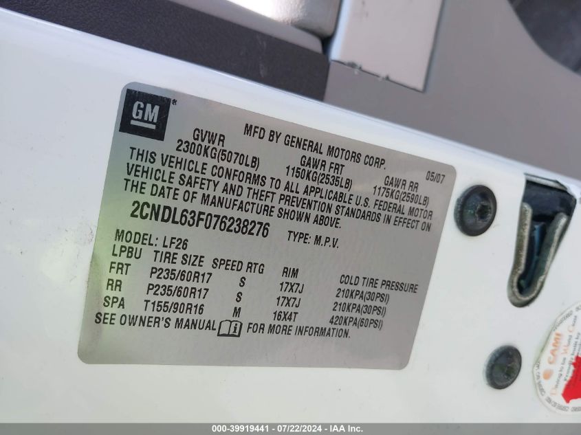 2007 Chevrolet Equinox Lt VIN: 2CNDL63F076238276 Lot: 39919441